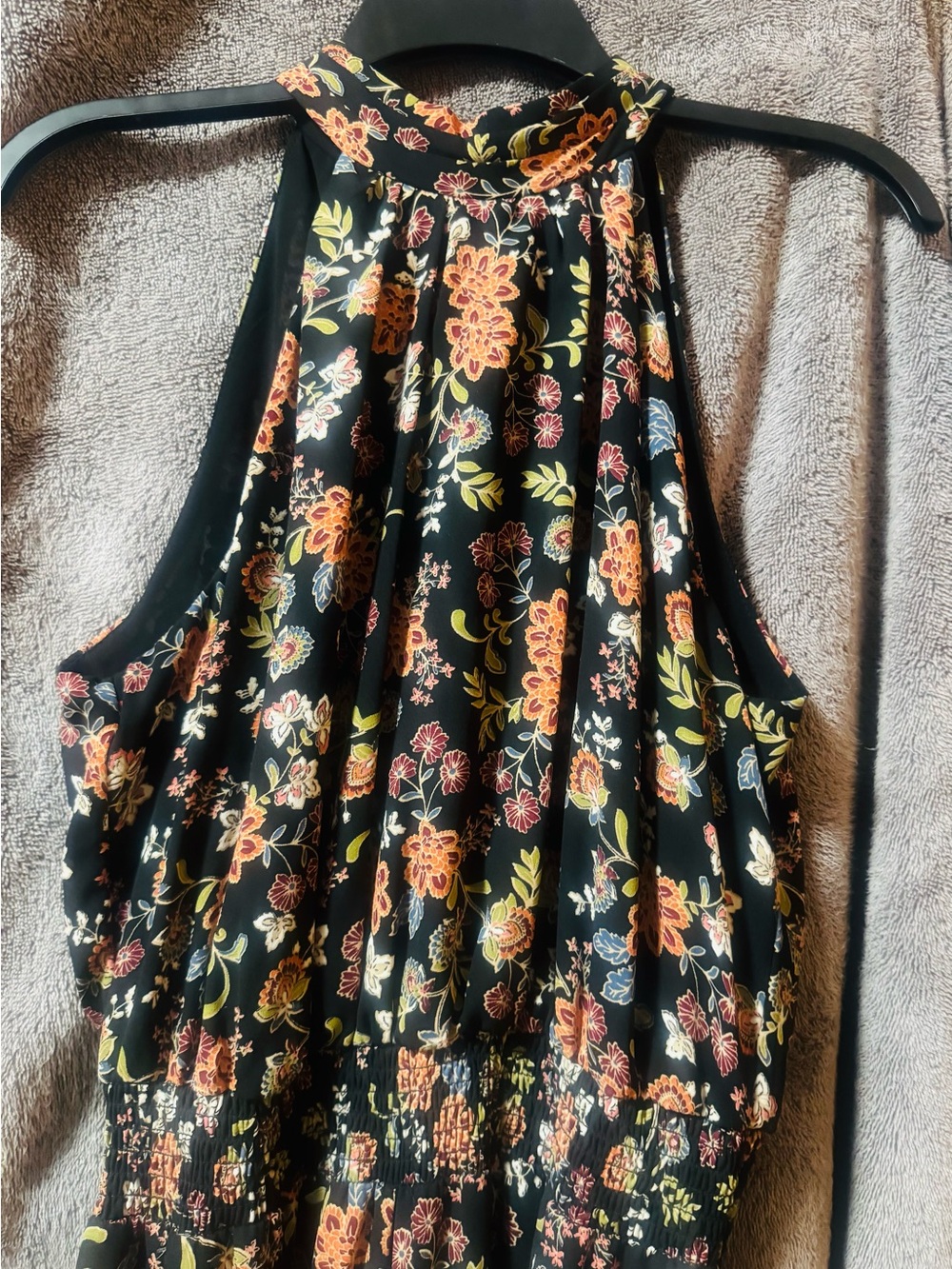 Vince Camuto Black Floral Halter Wide-Leg Jumpsuit with Golden Orange Blooms - Picture 2 of 6